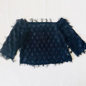 Zara Womens Top Fringe Polka Dot Fashion Semi Sheer Boat Off Shoulder Sleeve XS
